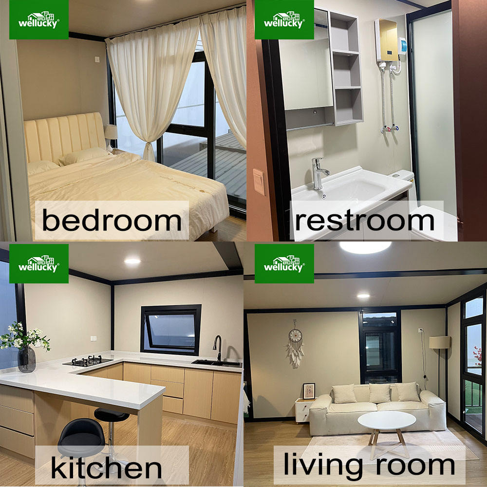 Interior collage: bedroom, restroom, kitchen and living room