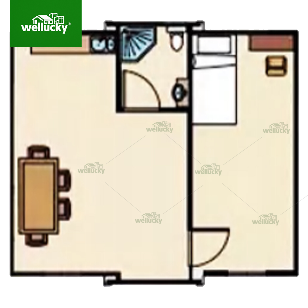 Design 2 – One bedroom, one living room, one kitchen and one bathroom layout