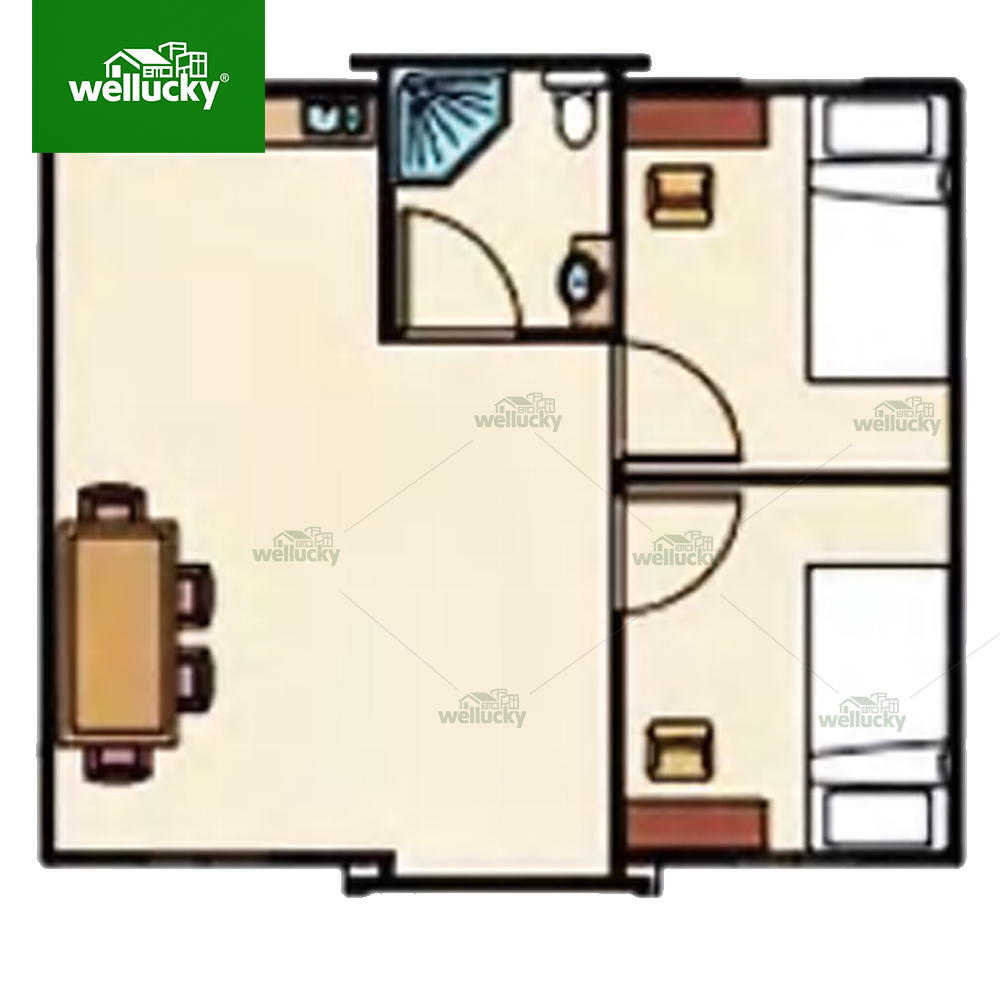Design 4 – Two bedrooms, one living room, one kitchen and one bathroom layout