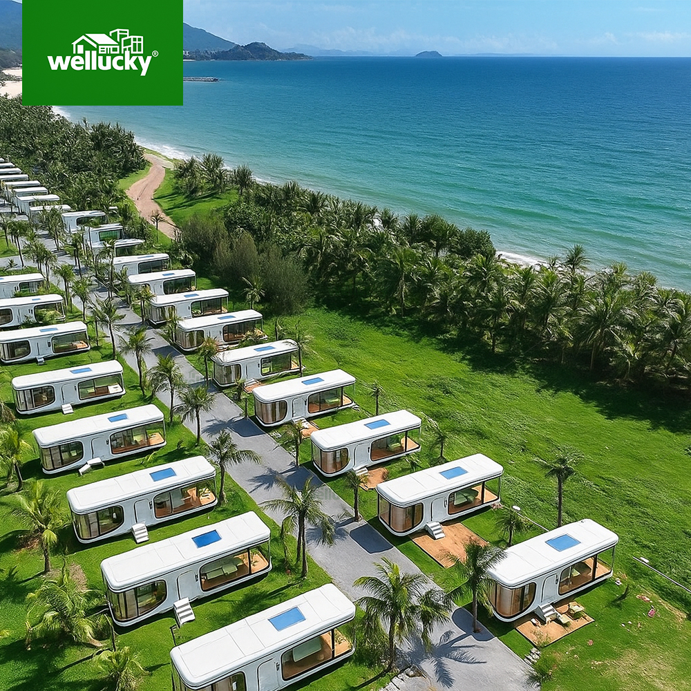 Coastal resort with rows of modular cabins for tourism and rentals