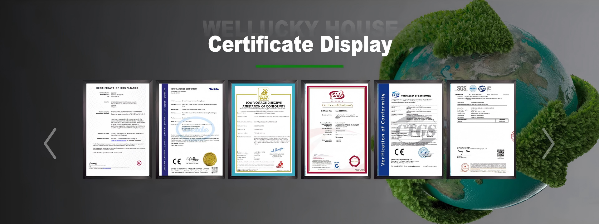 Wellucky certificates display (CE, SAA, UL, RoHS, EPS testing)
