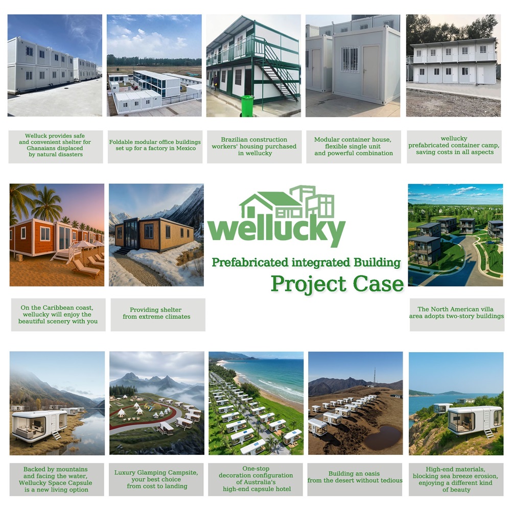 Wellucky container house project cases collage — disaster shelters in Ghana, modular offices in Mexico, worker housing in Brazil, Caribbean coastal resorts, Australia one-stop camps, desert-edge hotels, seaside resorts