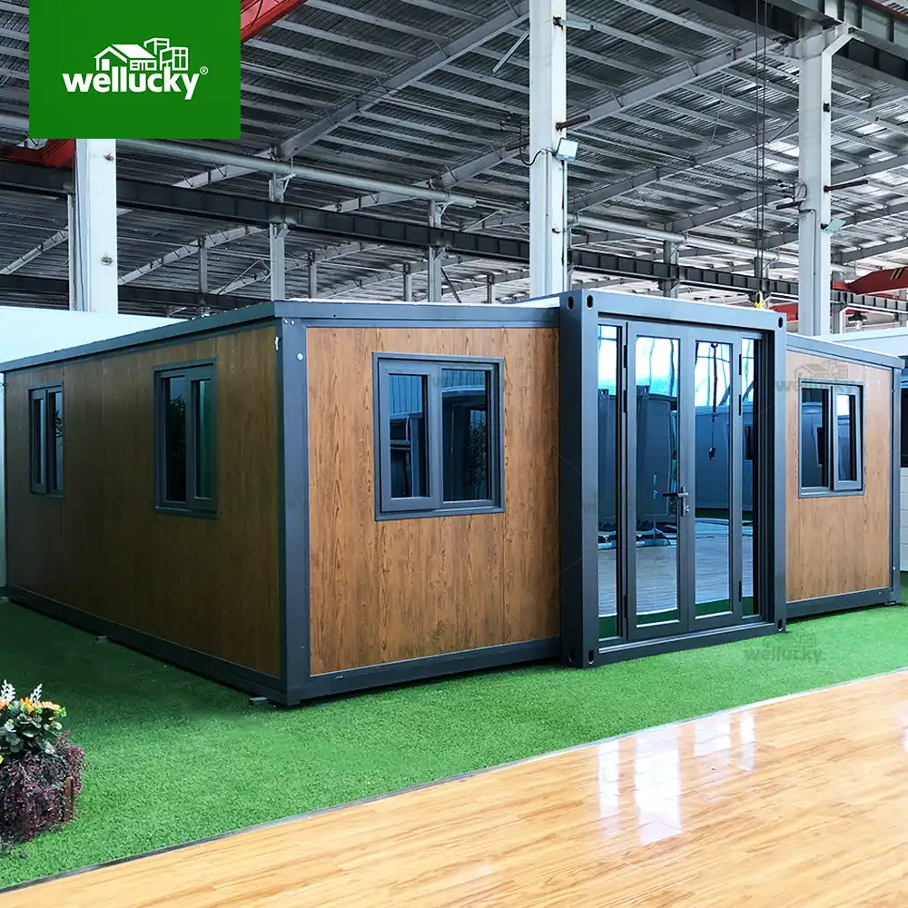 wellucky solar powered expandable container house, fast setup prefab modular home with wood-grain exterior